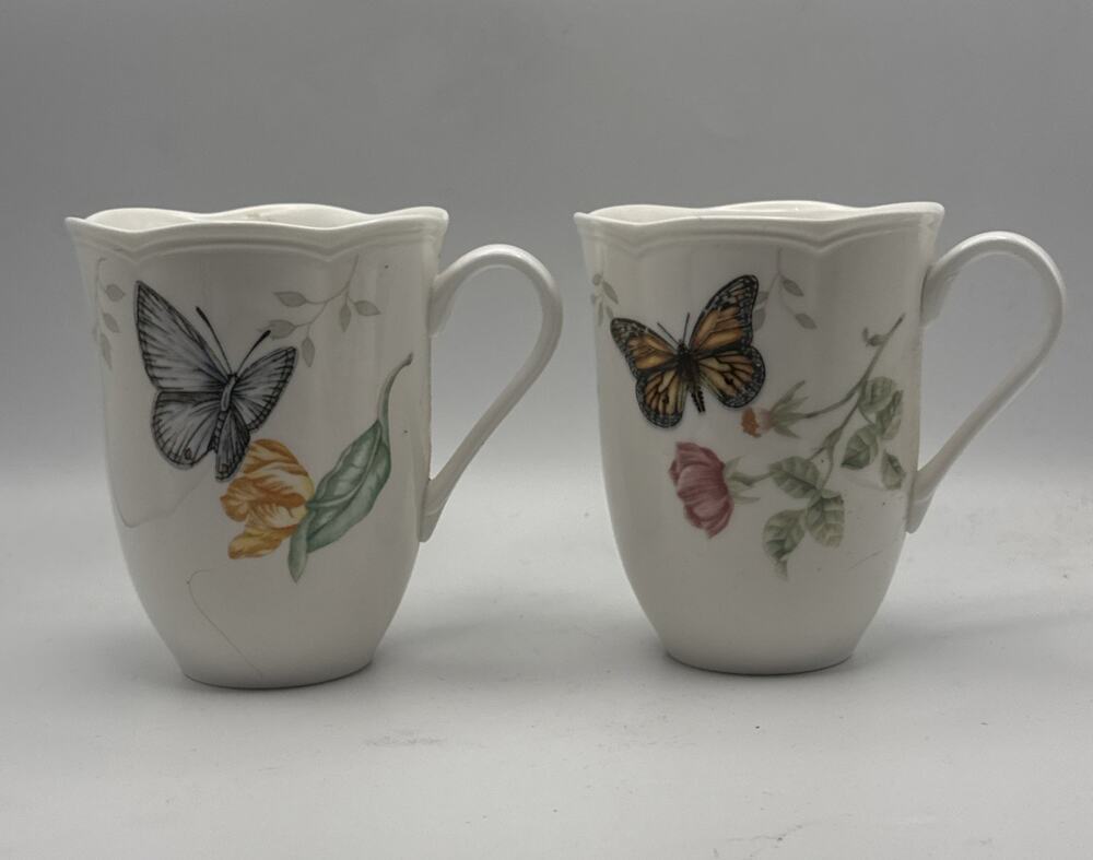 Lenox Butterfly Meadow 2 Coffee Mugs Scalloped Porcelain Floral Butterfly Cups